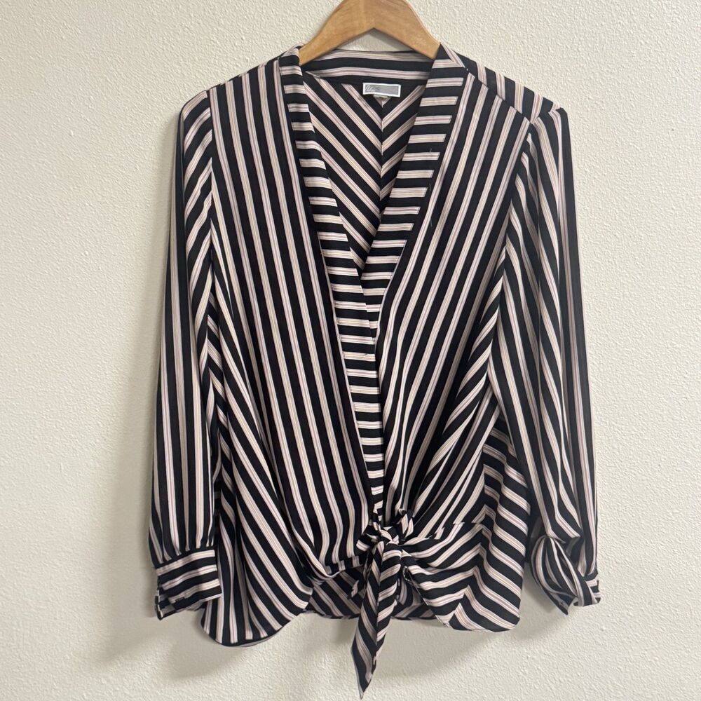 Chelsea28 Womens XXL Striped Surplice Wrap Tie Waist Blouse Long Sleeve